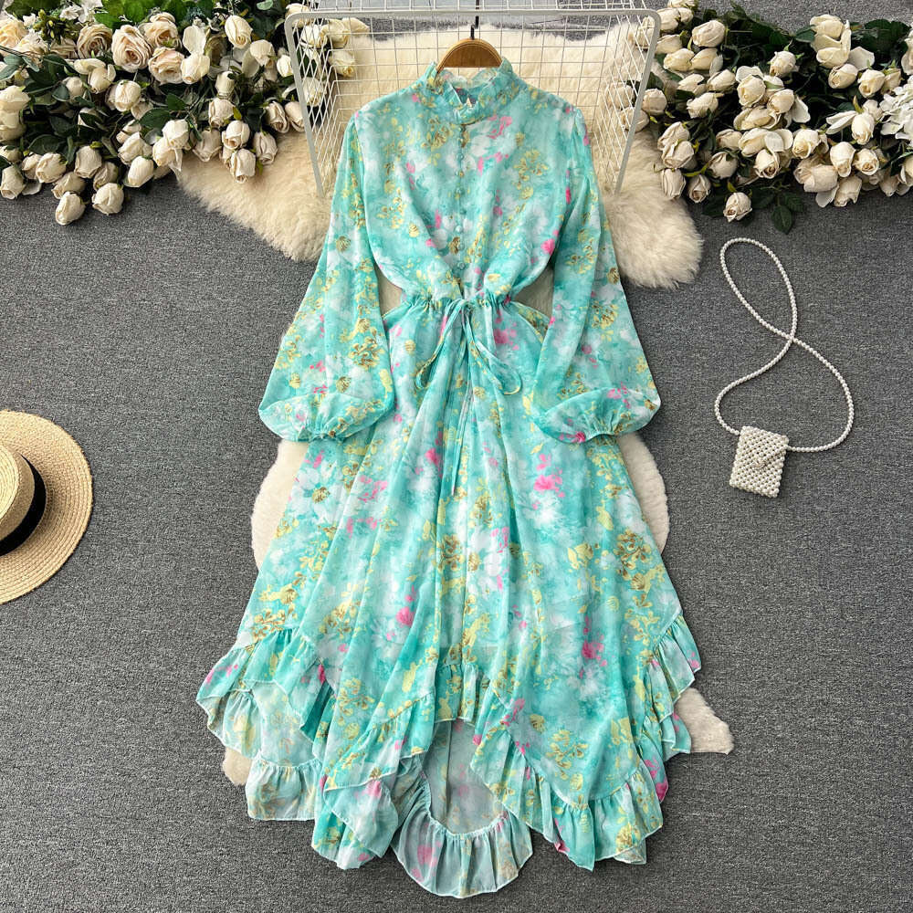 European Style Lantern Sleeve Floral Dress for Women with Spring Drawstring Waist Design, Sleeved Ruffled Edge Fairy Long Skirt Loose Temperament Silk