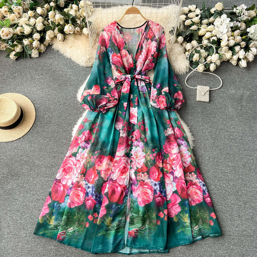 Fanhua Series Sexy Deep V-neck Buckle Tie Waist Long Version Dress, Niche Print Chiffon Vacation Dress Sexy Temperament Oversize Dress SKINNY DRESS