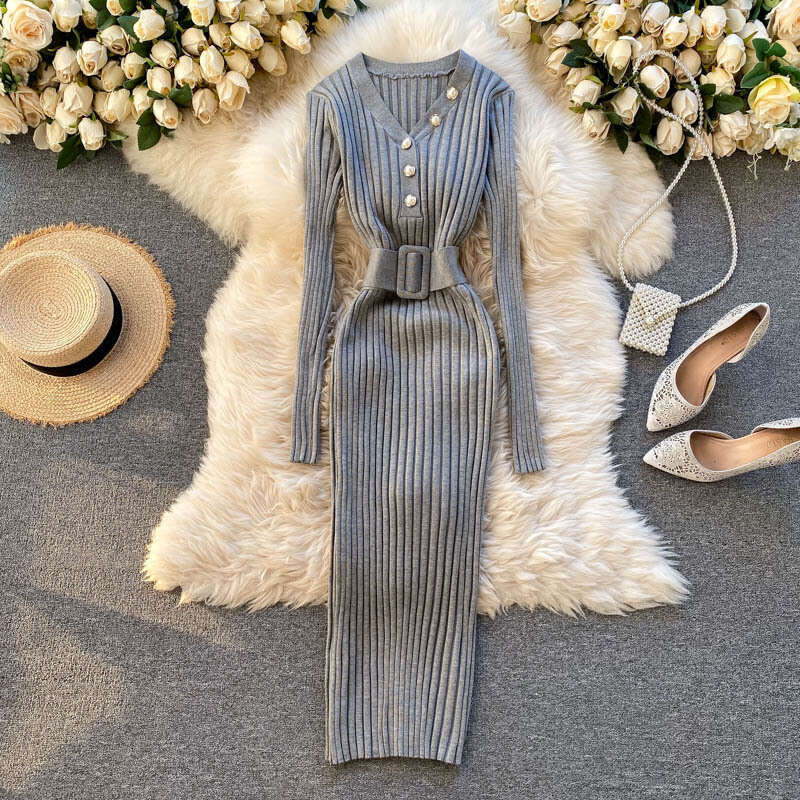 Knitted Dress New Autumn/winter Design Feeling Waist Belt, and Pit Strip Slim Fit Long Sleeve Bottom Skirt Bifurcated Loose SKINNY DRESS Lace Dress
