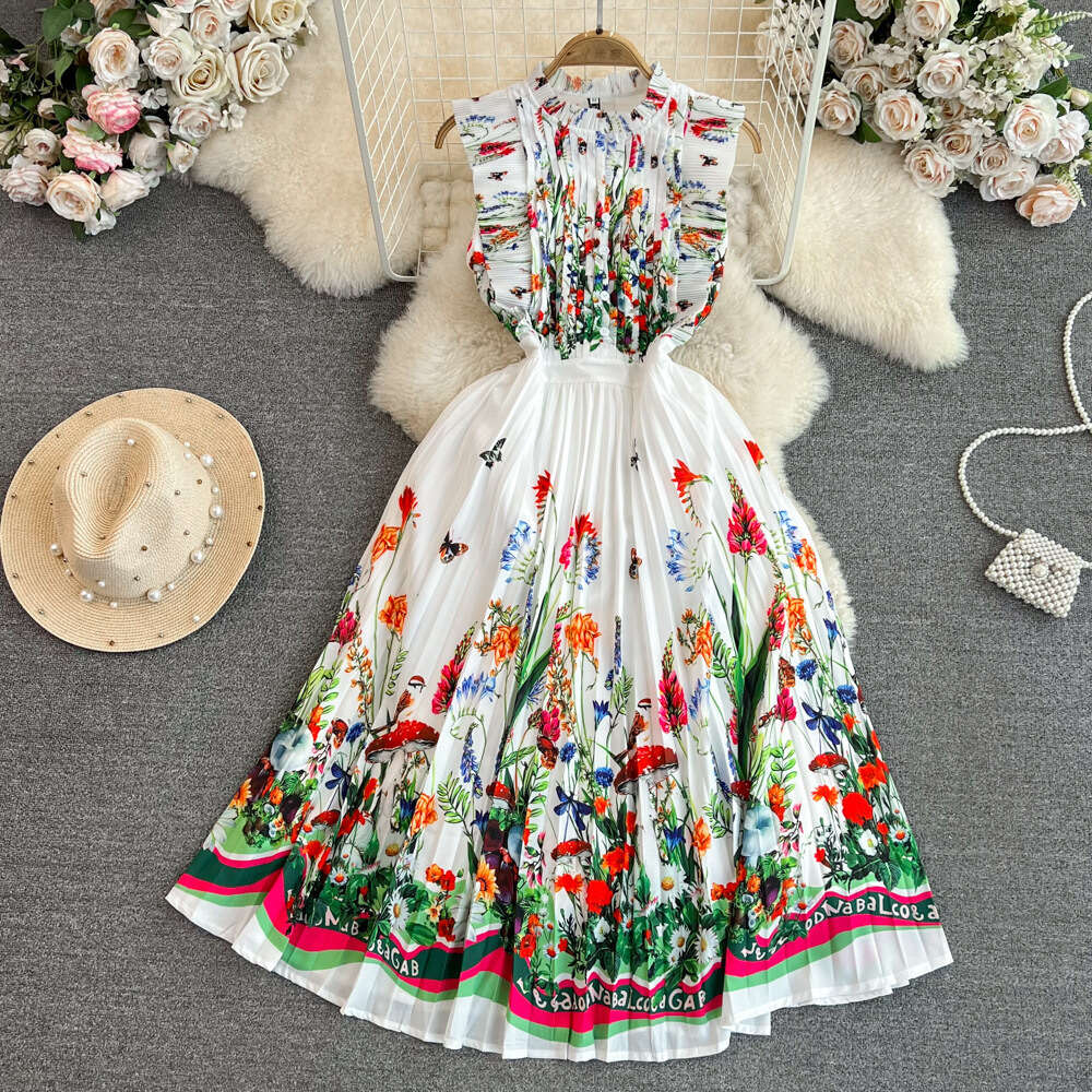 French Fashionable Countryside Flower Print Sleeveless Dress Summer New High Waist Slim Pressed Pleated Skirt Self-cultivation High Waist Dress Denim 