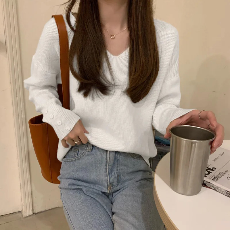 Spring Autumn Casual Vneck Knitted Sweaters Women Korean Style Long Sleeved Pullover Top 240712