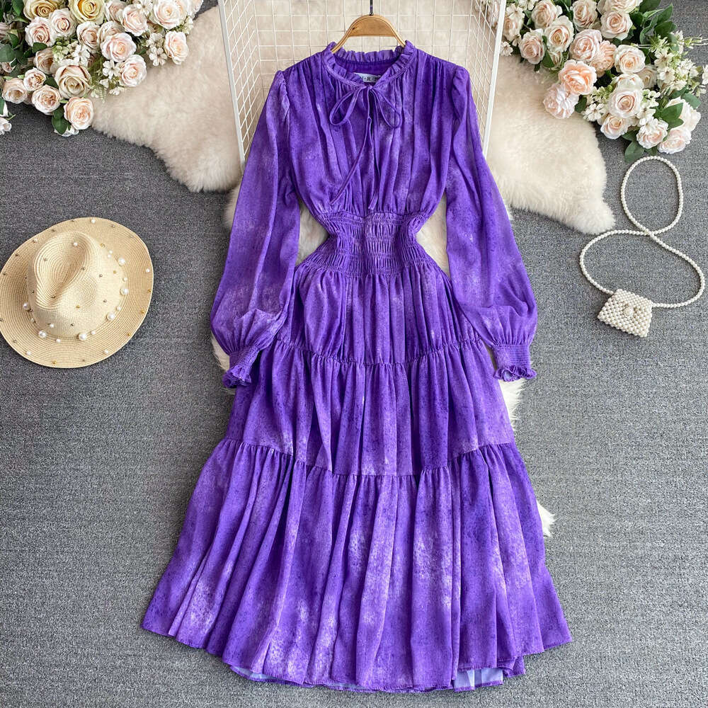 French Tea Break Skirt High End, Light Luxury Style, Wooden Ear Edge Standing Collar, Long Sleeves, Waist Wrapped, Slim A-line Dress Lace Dress Oversi