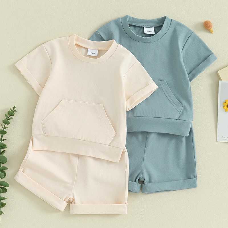 Clothing Sets Toddler Infant Boys 2 Piece Outfits Solid Color Short Sleeve Pocket T-Shirt and Elastic Shorts Summer Baby Boy Clothes Set