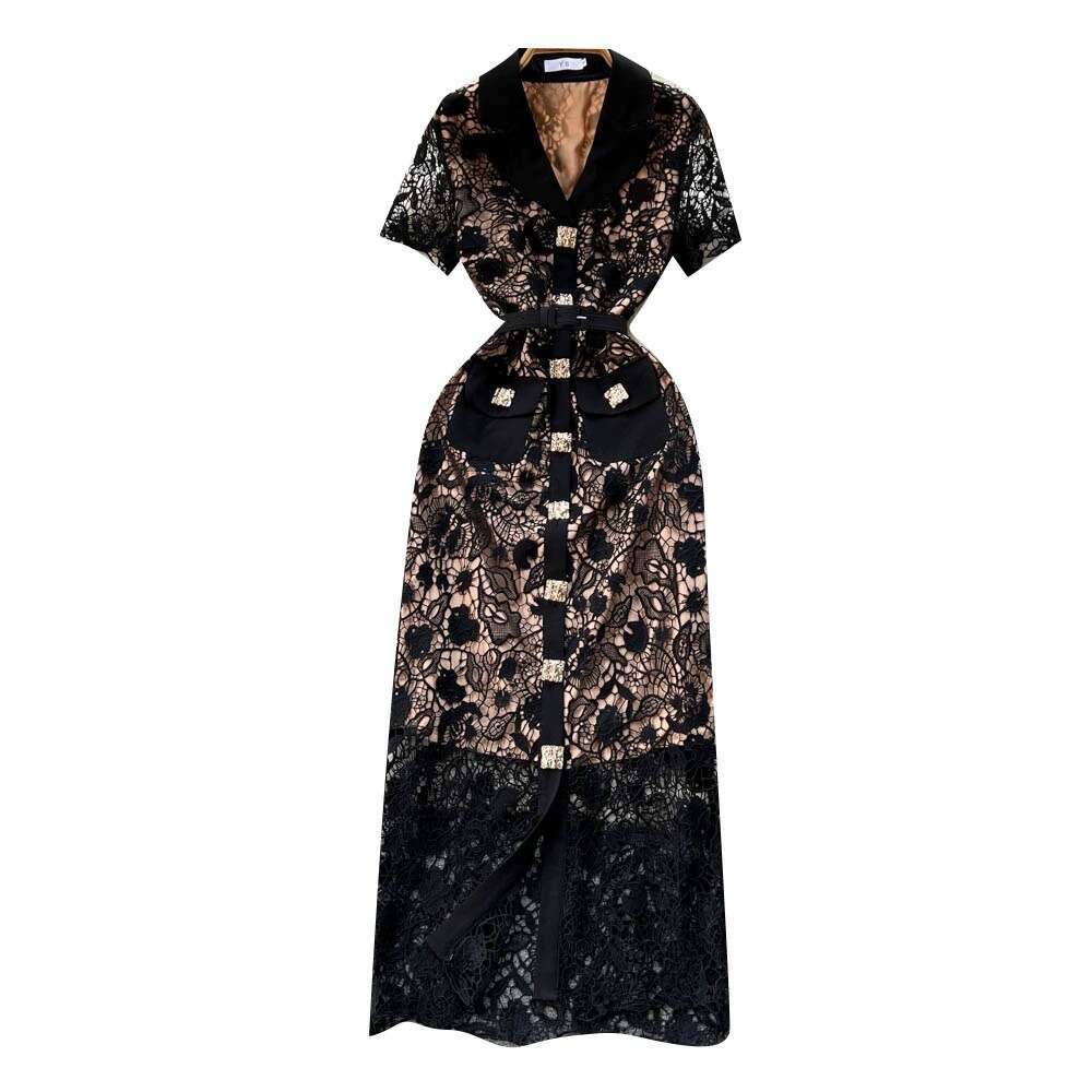 High End Lace Dress, 2024 Spring/summer New Design, V-neck, Slimming Temperament, Socialite Little Black Dress Loose Pregnant Womens Dress Round Neck 