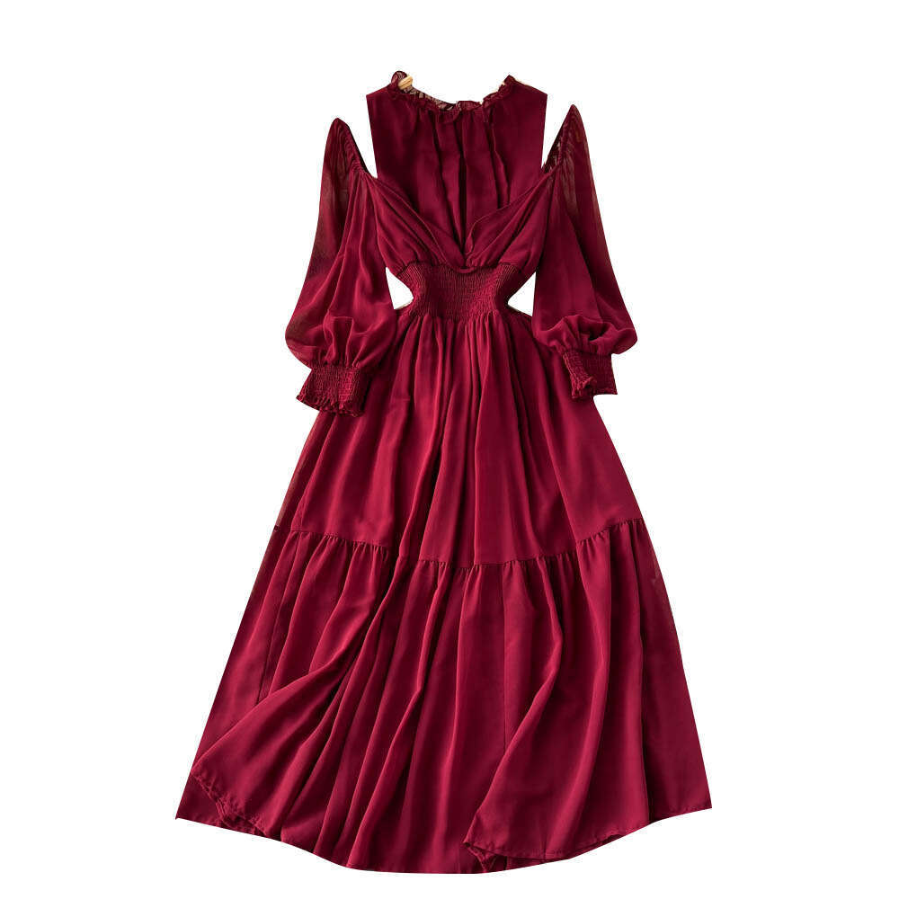 French Style Wooden Ear Edge Off Shoulder Bubble Sleeves with Waistband to Show Slimming Dress, Womens Large Hem Over the Knee Pleated Long Skirt BOHO