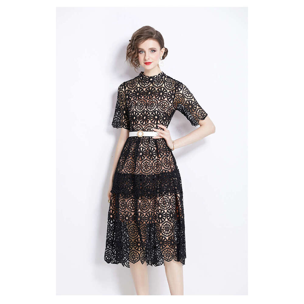 Light Luxury Heavy Industry Hollowed Out Carved Lace for Womens High Grade Multi Layered Ruffle Edge Cake Dress, Celebrity Style Dress SKINNY DRESS