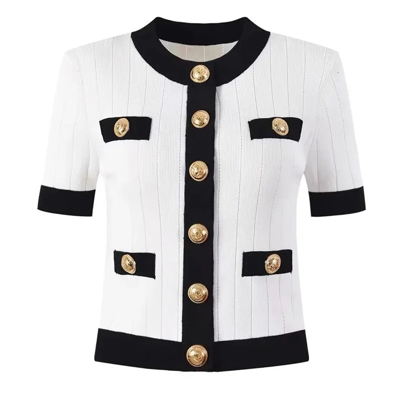 Stylish Vintage Knit Sweater Women Gold Buttons Cardigans Tops Summer Short Sleeve O-neck Elegant Fashion Chic Knitwear 240708