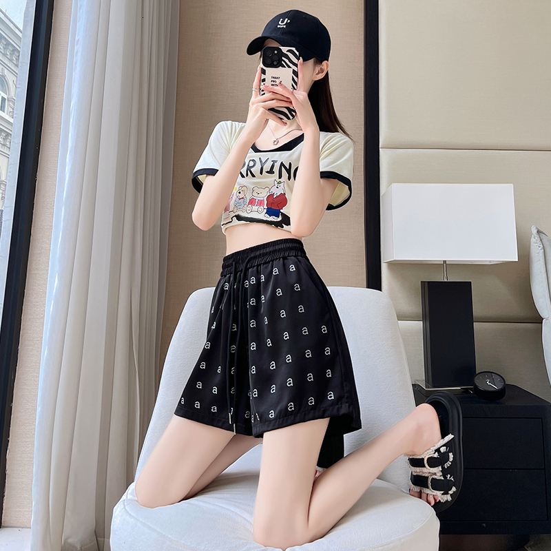 Lighing Delivery Acetic Acid Diamond Casual Wide Leg Shorts for Women 2024 Summer New Loose High Waist slimming A-line Hot Pants