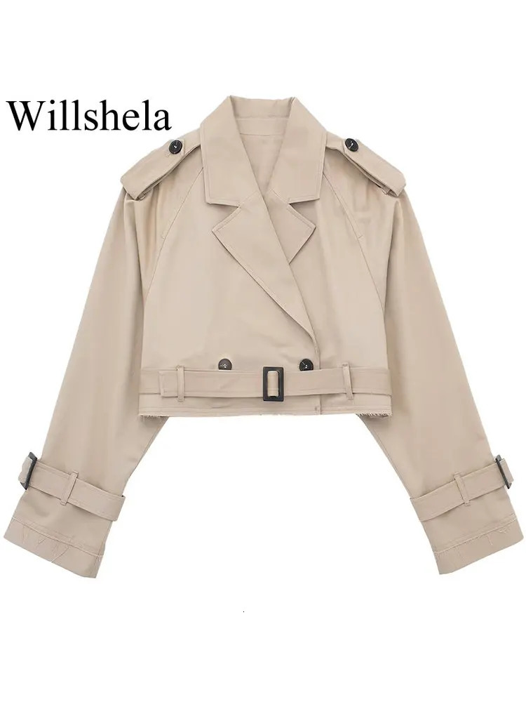Willshela Women Fashion With Belt Cropped Trench Jacket Vintage Notched Neck Long Sleeve Female Chic Lady Coat Outfits 240716