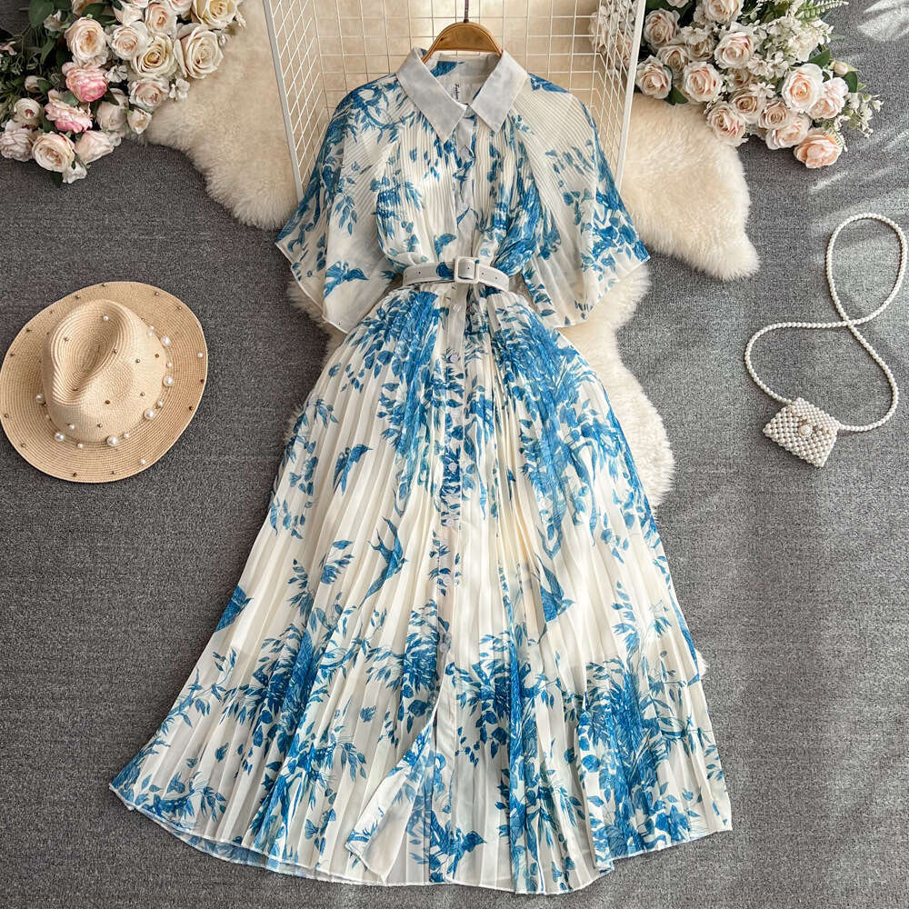 Light Mature Style, Short Sleeved Lapel with Waistband Slimming Effect, Single Breasted Printed Pleated Shirt Dress for Summer Loose Short Oversize Dr