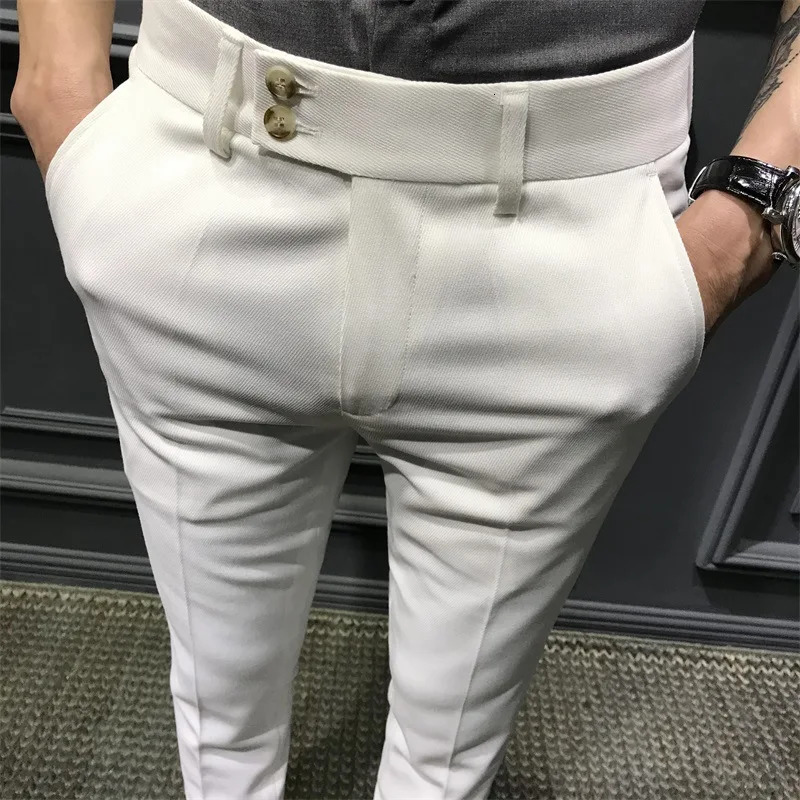 Mens Fashion Slim Fit Comfortable Ankle Length Suit Pants Casual Elastic Soild Small Foot Nine Point Pants Commuting Wear 240715