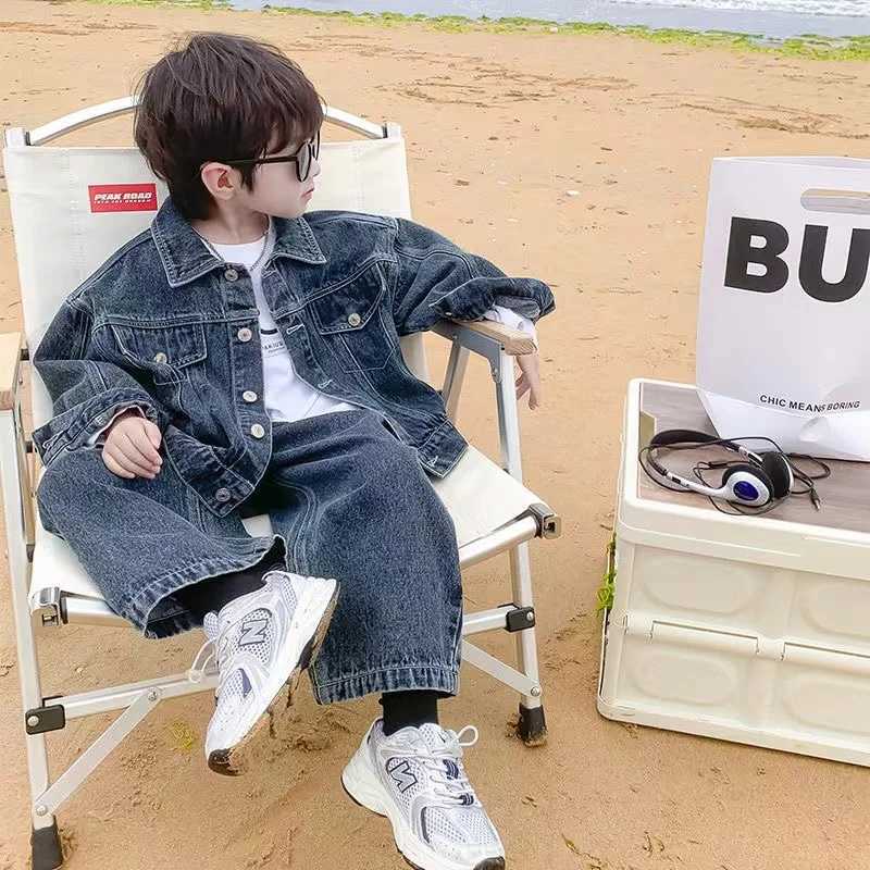 Clothing Sets Boys Cowboy Set Spring and Autumn 2024 New Childrens Cool and Fashionable Top+Wide Leg Pants Two Piece Set Trendy