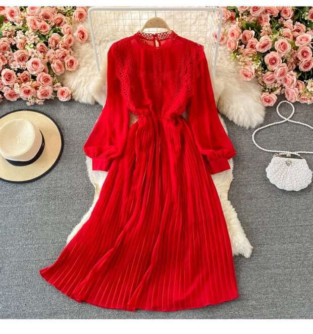 Dressed Lace Patchwork Pleated Chiffon Dress High Waisted and Slim Temperament, Featuring Long Skirt with A Large Hem Loose Waist Lace Dress BOHO DRES