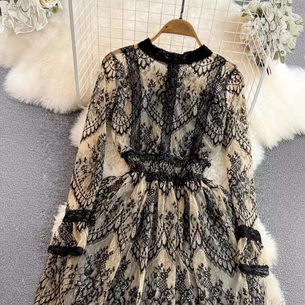 Spring Autumn Elegant Long Sleeved Stand Up Neck with Waist and Slim A-line Lace Dress Sexy Dress Bifurcated Short Self-cultivation Round Neck Dress