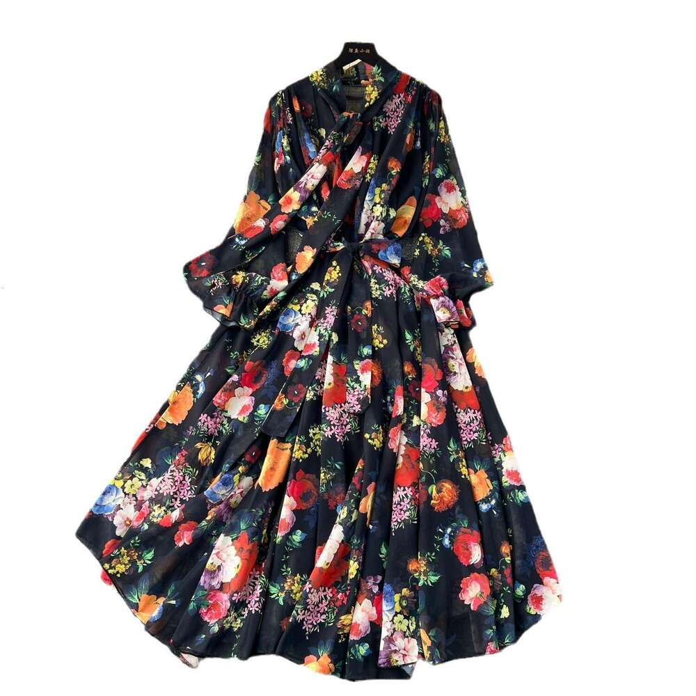 French and Elegant Dressing Spring Lace Up Bow Neck Slim Fit Long Swing Chiffon Vacation Dress Sexy Dress Self-cultivation Novelty High Waist Dress