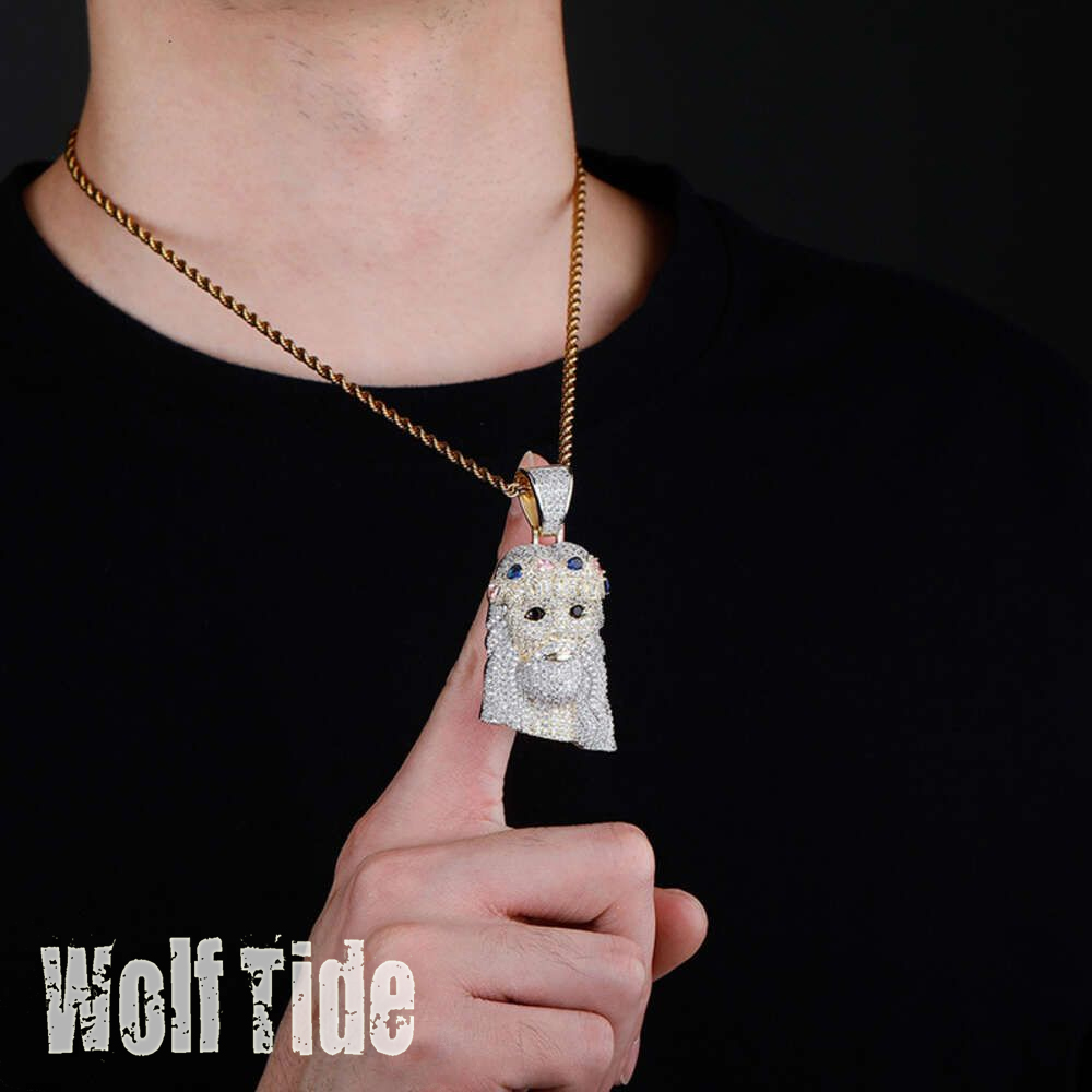 Colorful Diamond Rose Gold Jesus Head Statue Pendant Necklace For Women Men Jewelry Full Sparkling Cubic Zircon Cz Stone Wolf Tide Hip Hop Necklaces R