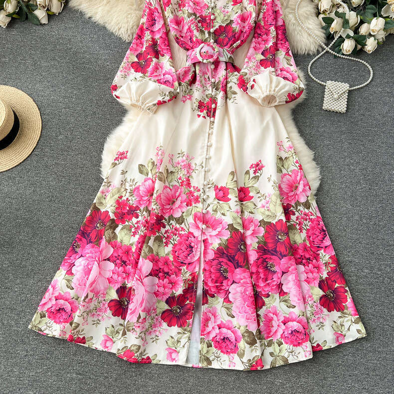 Flower Series Spring Clothing 2024 New High-end Printed Slim Fit Long French Style Bubble Sleeve Temperament Dress Waist Self-cultivation Short SKINNY