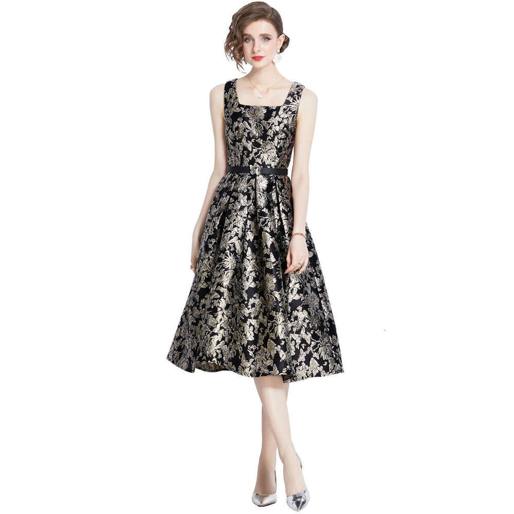 Large Size Black and Gold Butterfly Printed Square Neck with Waist Cinching Strap Dress, Luxurious, Socialite Temperament, Birthday Dress for Women Si