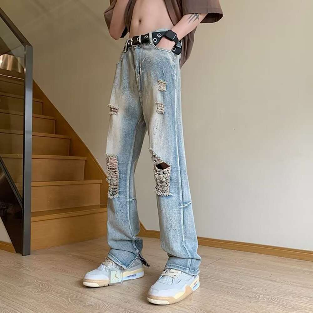 Yellow mud ripped jeans summer thin American high street men's trendy pants style zipper slightly flared