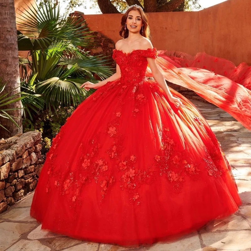 Red Shiny Ball Gown Quinceanera Dresses Off the Shoulder Lace Appliques 3D Flowers With Cape Corset Back Vestidos De 15 Anos