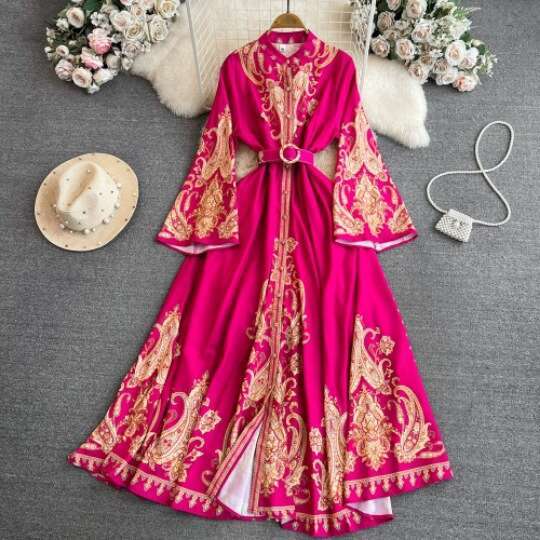 Palace Style Speaker Long Sleeved Lapel with Waistband Single Breasted A-line Positioning Printed Dress for Women Loose Bifurcated Lace Dress