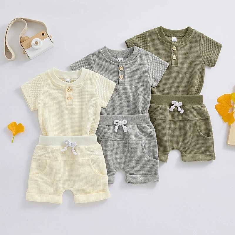 Clothing Sets Summer Newborn Infant Baby Boys Clothes Sets Solid Color Short Sleeve Button Up Waffle Romper and Casual Shorts Sets