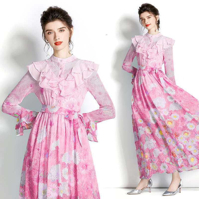 Design-2023 Early Spring Stand Up Collar, Ruffle Edge, Flare Sleeves, Long Printed Dress Fishtail Dress Self-cultivation Sexy Oversize Dress SKINNY DR