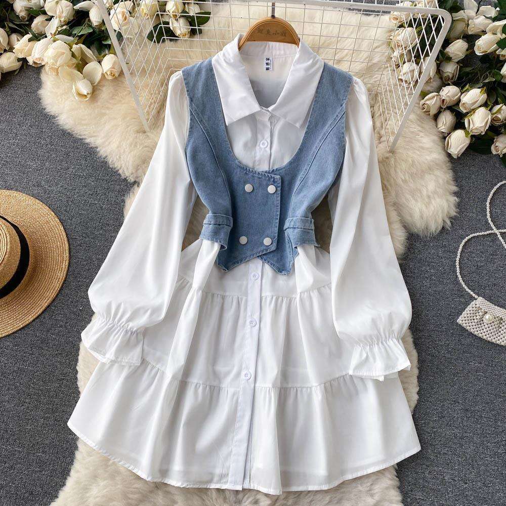 Sensational Temperament: White Shirt, Dress, Summer Womens Clothing, Short Denim, Vest, Top, Two Sets Autumn Dress Women Bifurcated Sexy Pregnant Wome