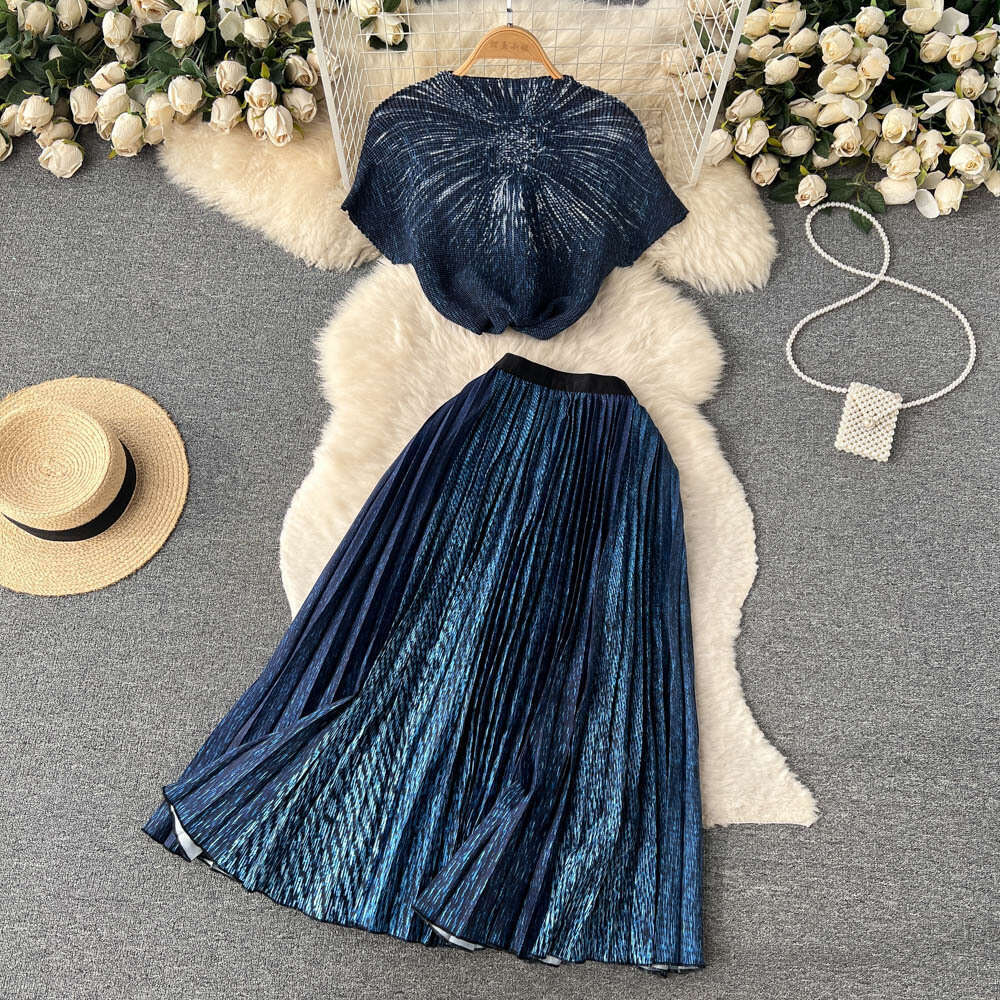 Three Mansion Print Spring/summer Fashion Instagram Style Womens Loose Short Sleeved Top High Waist Hundred Pleats Half Skirt Two Piece Set Short Silk