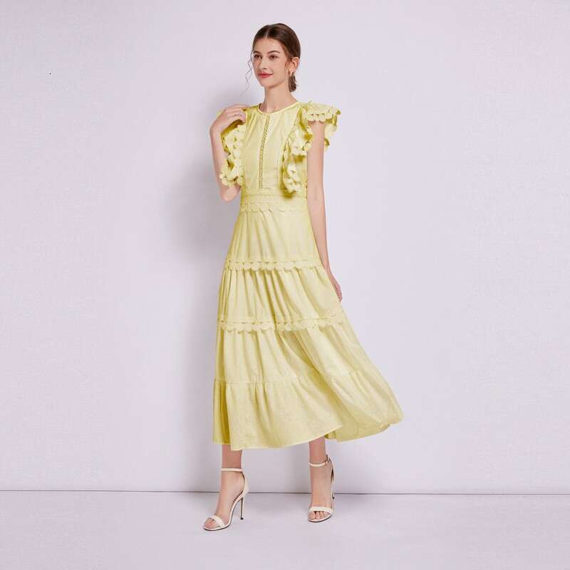 French Heavy Industry Embroidery Round Neck Flying Sleeves Waist Collection Design Solid Color Womens Dress A-line New Product Novelty Denim Dress Sil