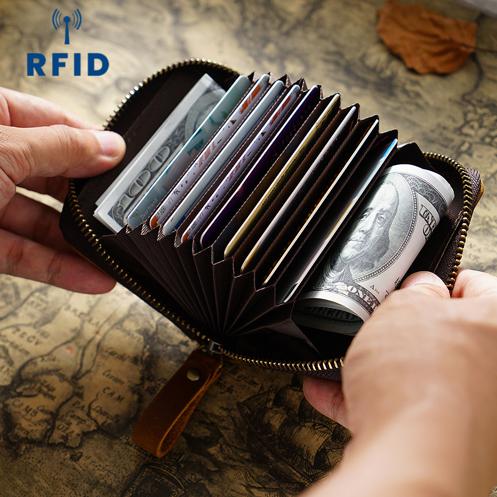 Crazy Horse Leather Card Holder for Men Zipper Card Wallet Rfid Card Purse For Male Carteras With Cardholders Woman Purse