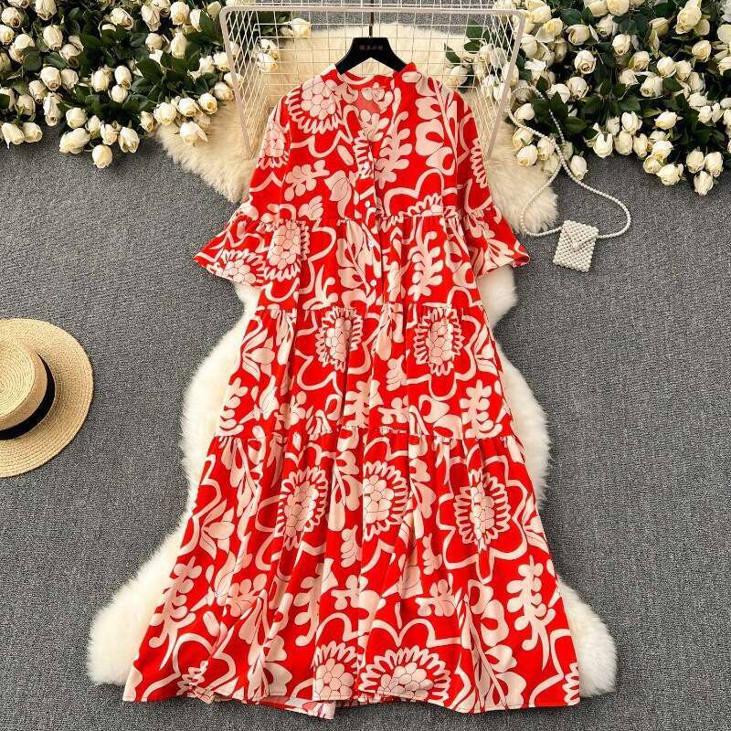 Large Size Womens Clothing, Lazy Loose Printed Dress, Westernized Style, Age Reducing, Slimming Temperament, Covering Flesh and Sagging Feeling, Long 