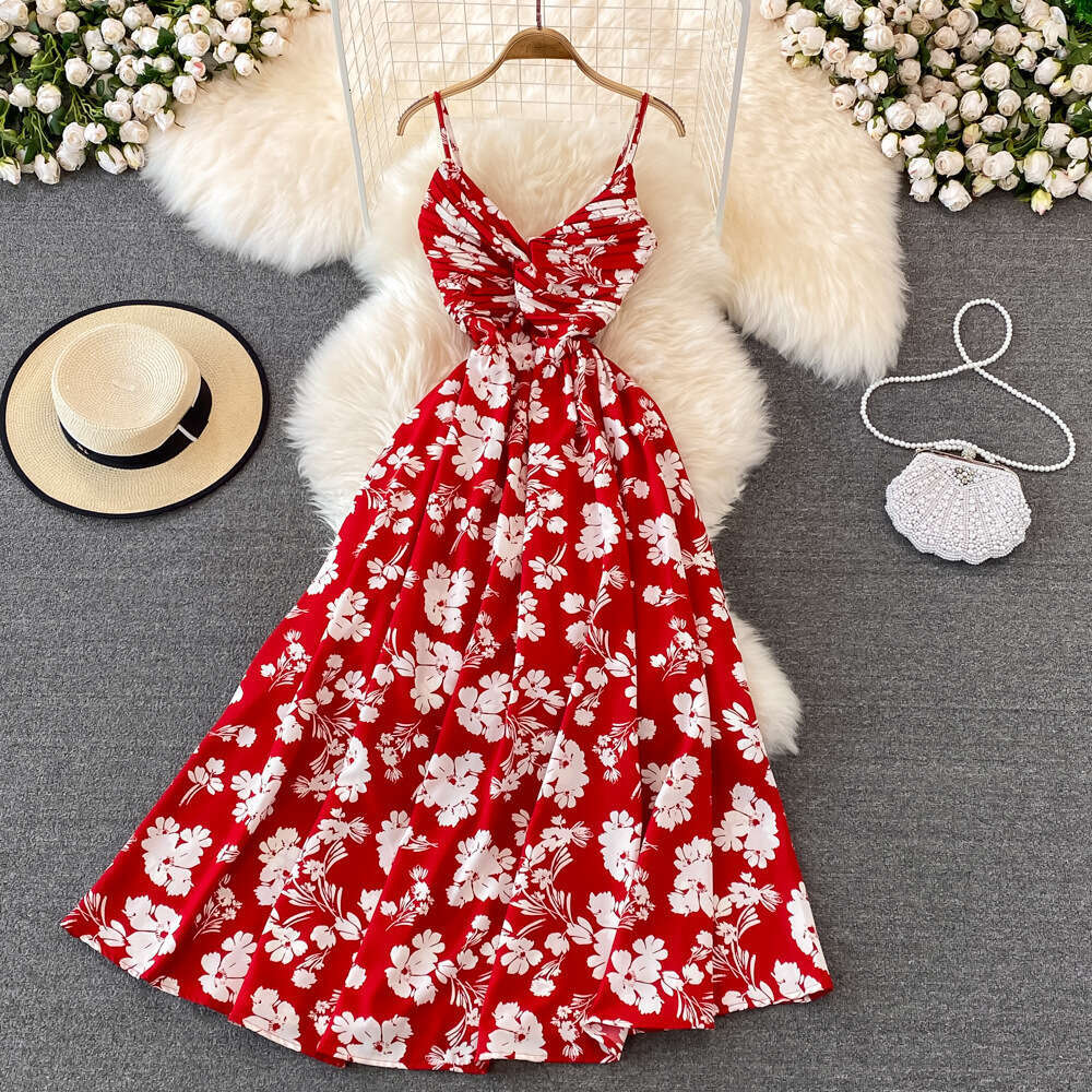 Sanya Bali Maldives Skirt Super Immortal Beach Vacation Big Swing Long V-neck A-line Strap Dress Loose Short Self-cultivation Waist BOHO DRESS Round N