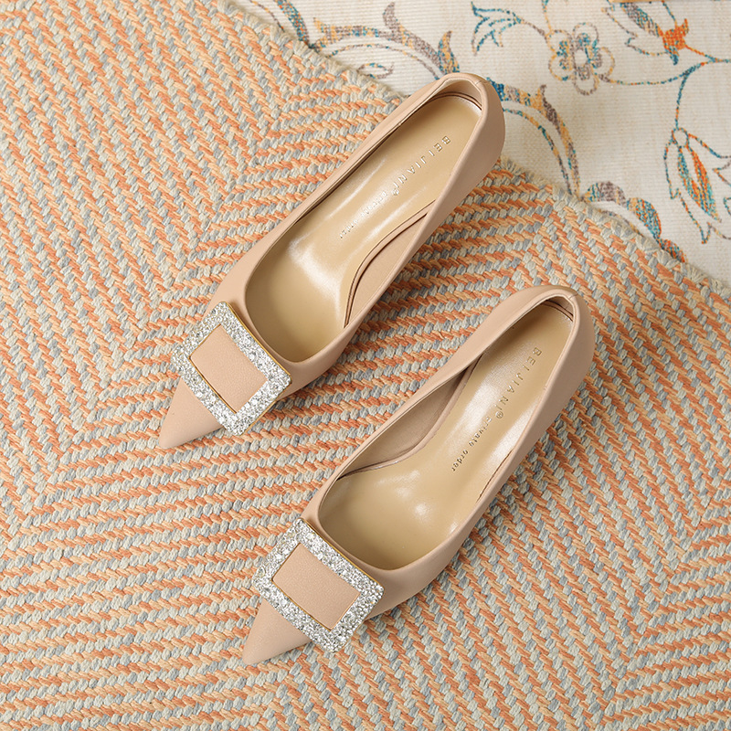 Water Dia Square Buckle High For Women Pointed Toes Thin Heels Sheepskin Single Shoes Fashionable Easy To Understand Spring And Autumn