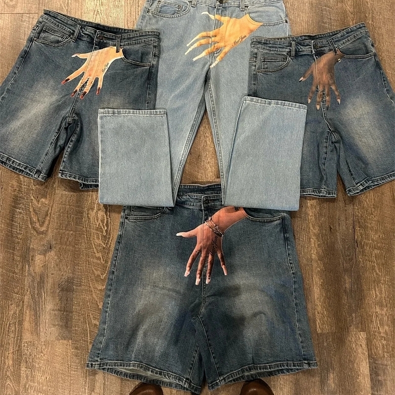 Harajuku Hip Hop Blue Baggy Hand Print Short 2024 Streetwear Y2K jeans Gothic Sweatpants Denim Clothing 240702