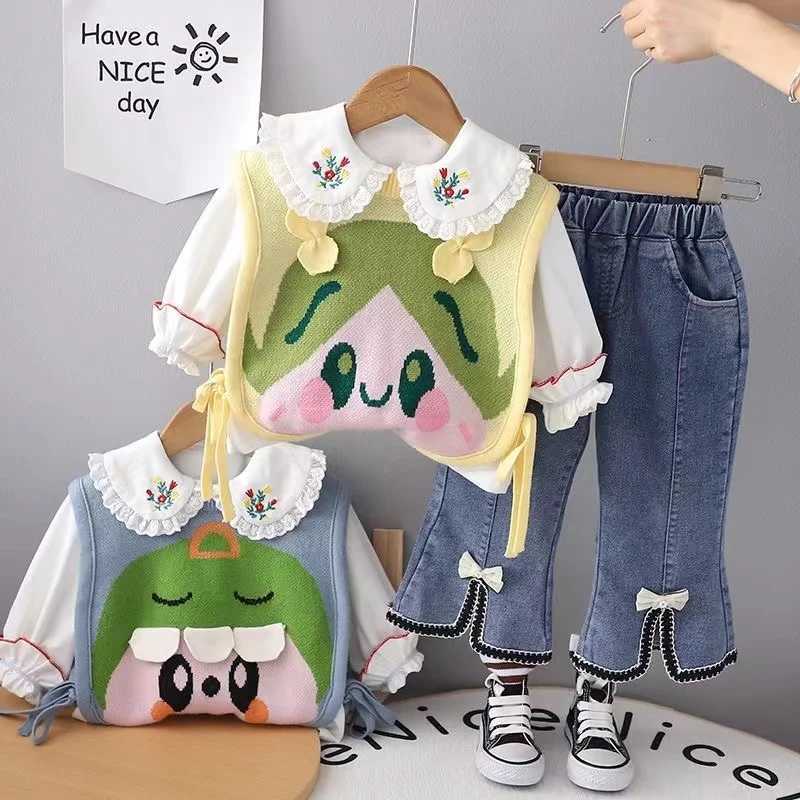 Clothing Sets Girls Spring and Autumn Season Set 2024 New Fashionable Girl Baby Korean Sweater Vest Three Piece Set Kids Outfits