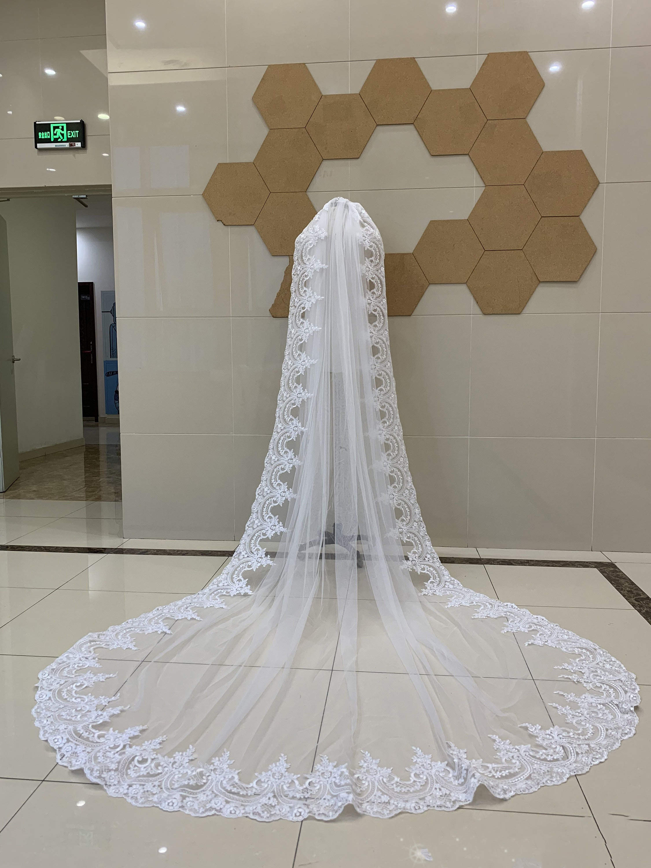 Modern Wedding Veil Appliques Lace Long Royal Bridal Veil Cathedral Special Cut with Comb Veil 3M White Ivory Wedding Accessories