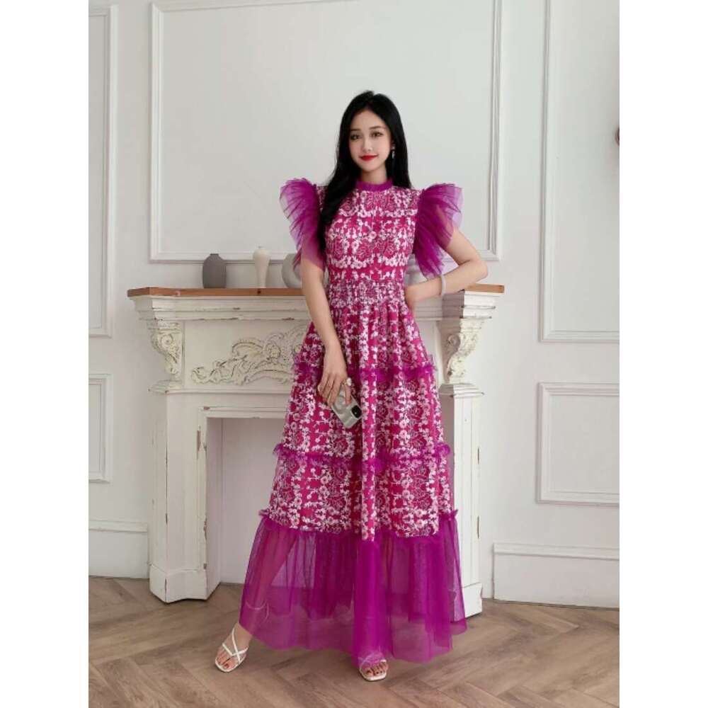 High End Temperament New High-end Dress, Light Luxury, Elegant Lace Patchwork, Mesh Puffy Skirt for Vacation Waist Self-cultivation Temperament Short 