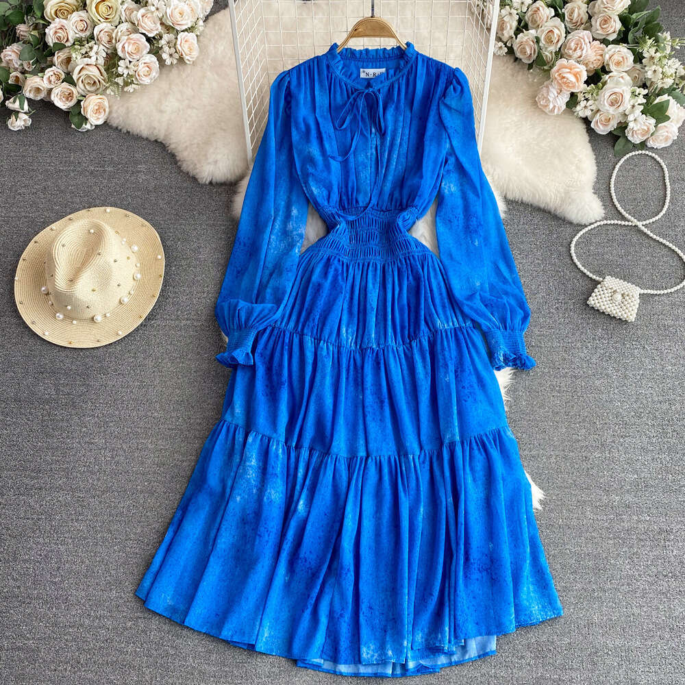French Tea Break Skirt High End, Light Luxury Style, Wooden Ear Edge Standing Collar, Long Sleeves, Waist Wrapped, Slim A-line Dress Lace Dress Oversi