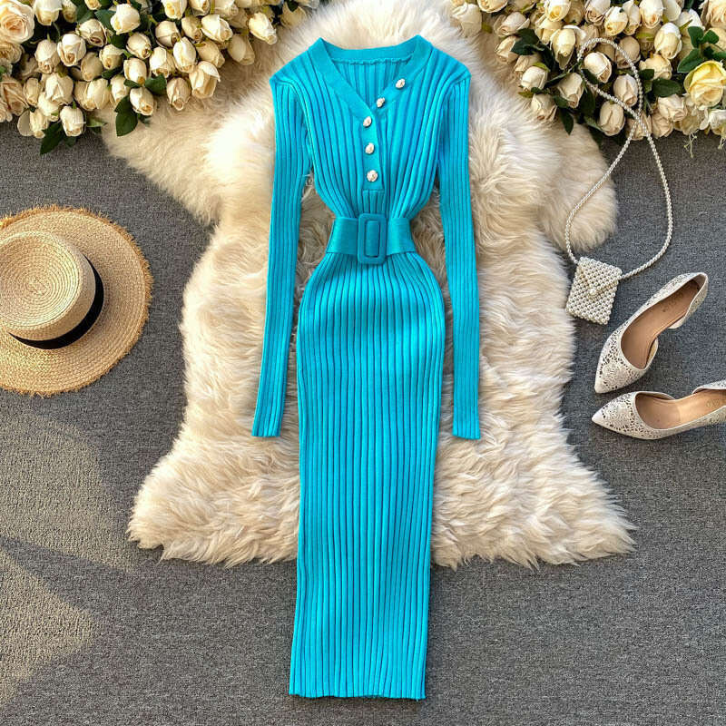 Knitted Dress New Autumn/winter Design Feeling Waist Belt, and Pit Strip Slim Fit Long Sleeve Bottom Skirt Bifurcated Loose SKINNY DRESS Lace Dress