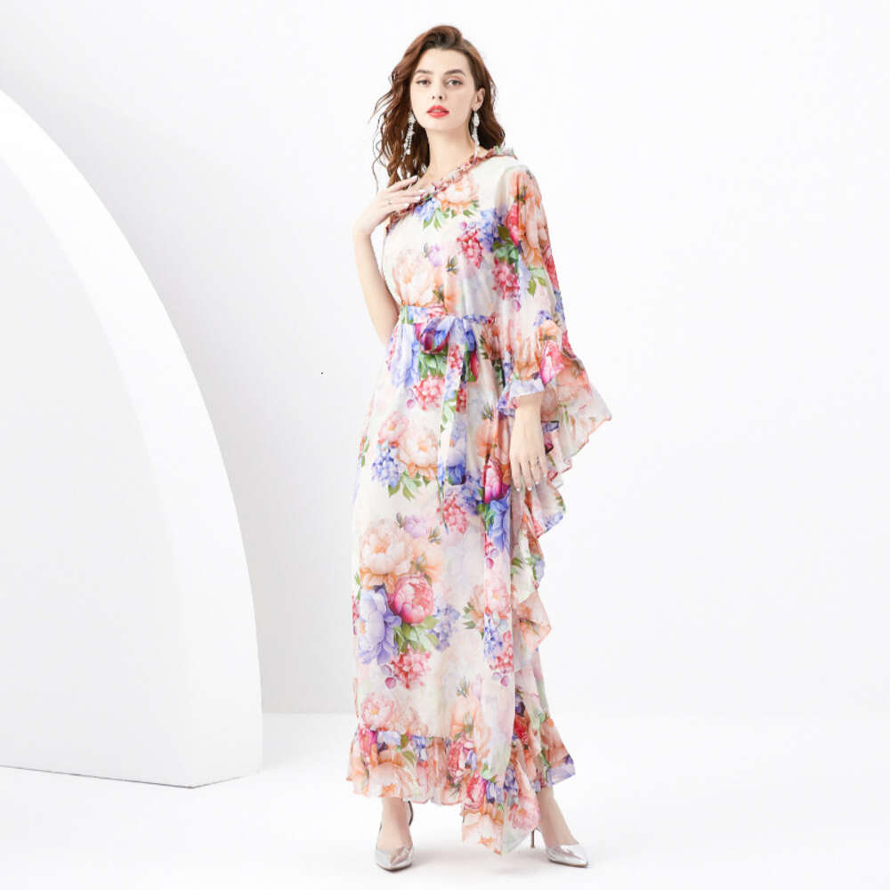 Spring/summer 2024- Vacation Style One Shoulder Wooden Ear Strap Long Wide Swing Printed Dress Novelty Loose Temperament Bifurcated Round Neck Dress B