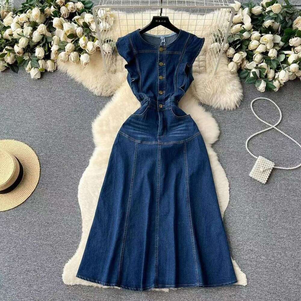French Hepburn Style Denim Dress, Summer Waist Down, Slimming Temperament, Niche Design, Unique Long Skirt Chiffon Floral Dress Novelty Loose Silk Dre