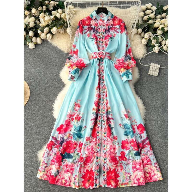 Palace French Elegant for Womens Spring and Autumn New High Grade Standing Neck Lantern Long Sleeve Waist Wrapped Print Dress Pregnant Womens Dress La