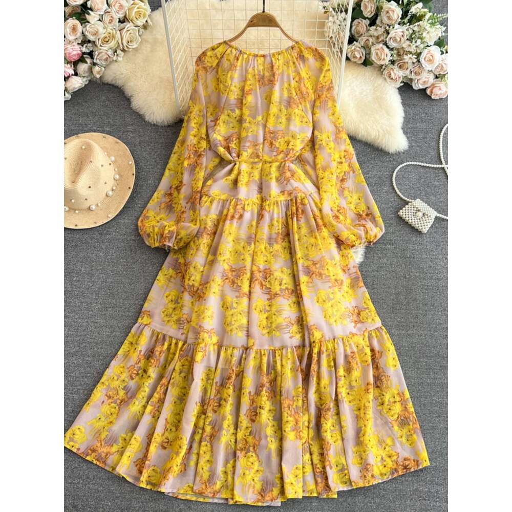 Summer French Tea Break Big Swing Skirt Gentle Style Long Sleeved V-neck Waist Cinching for Slimming A-line Ruffle Edge Printed Dress Denim Dress Silk