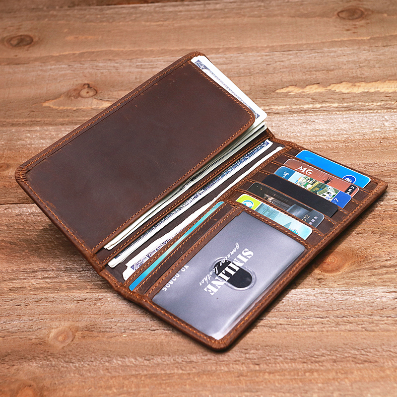 Genuine Leather Wallet For Men Vintage Crazy Horse Long Bifold Slim Men's Purse Checkbook Wallet Cash With ID Window Card Holder