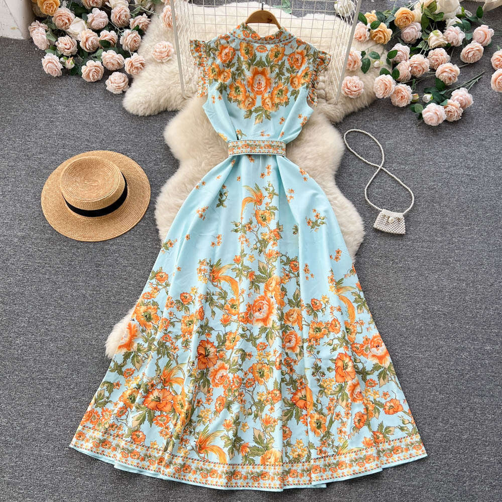 Summer New Short Sleeved Chiffon Printed Womens Fit, Slim Waist, Elegant Goddess Style Vacation Dress Self-cultivation Loose Temperament Denim Dress B