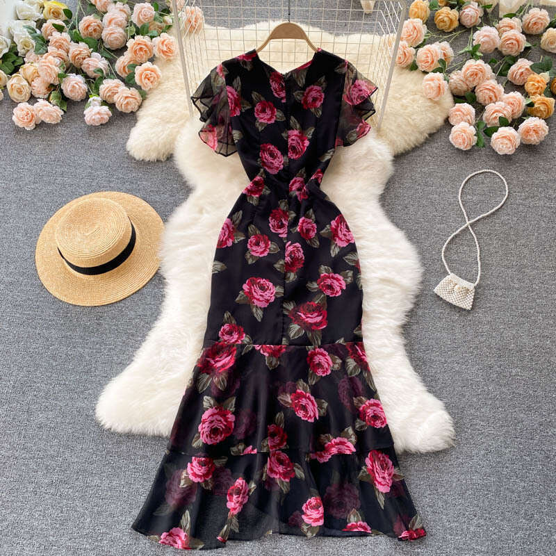 New Light Luxury Celebrity Chiffon Printed Elegant Ruffle Edge Fishtail Dress Womens Skirt Slimming Chiffon Floral Dress Sexy Dress Short Waist Silk D