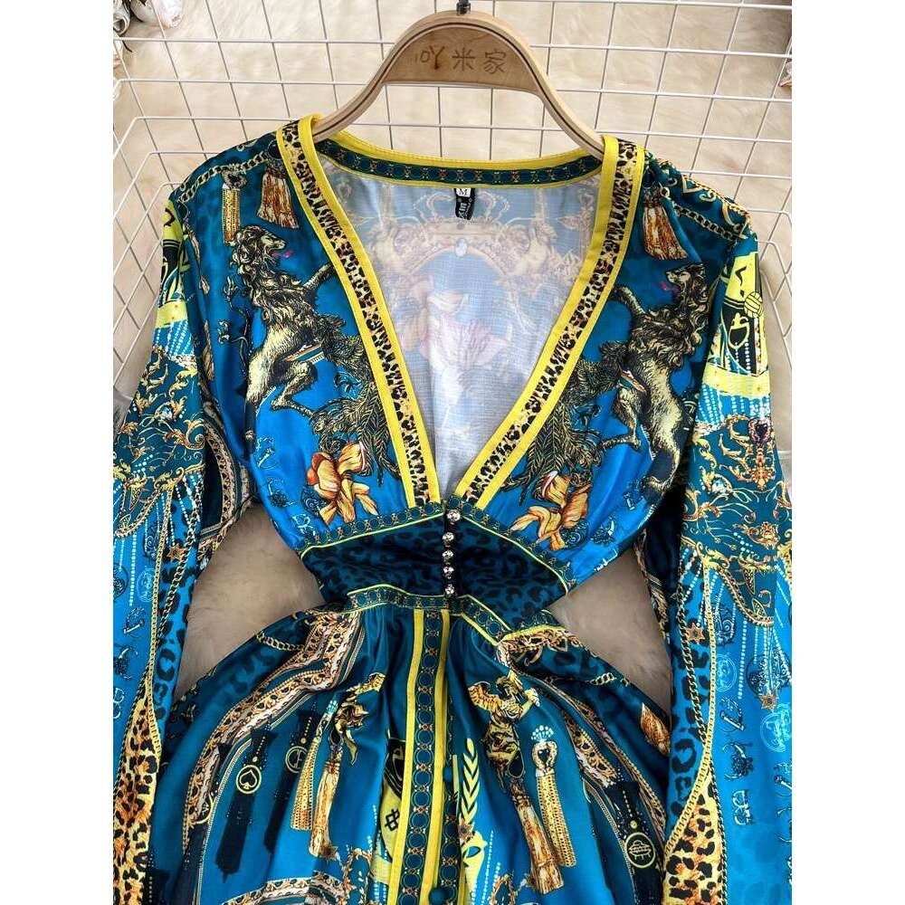 High End Temperament Speaker Sleeved V-neck Waistband Slimming Single Breasted A-line Printed Dress Elegant Long Skirt Short Temperament BOHO DRESS De