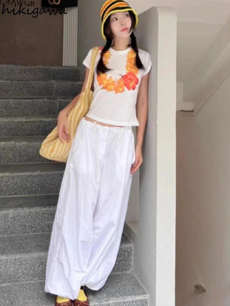 Summer Shirts for Women White T-shirt Y2k Tops Short Sleeve O-neck Print Tees Casual Chic See Throught T Shirts Ropa Mujer 240715