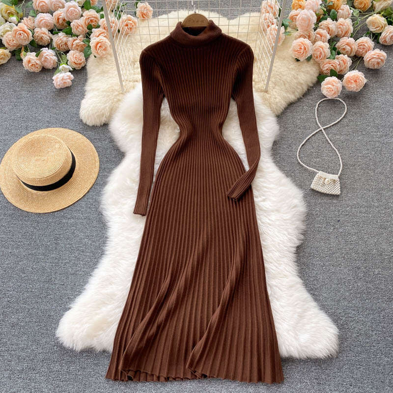 Autumn 2022 New Goddess Temperament High Neck Slim Fit Medium Long Style with Inner Bottom Skirt Knitted Dress Chiffon Floral Dress Short Sexy Silk Dr